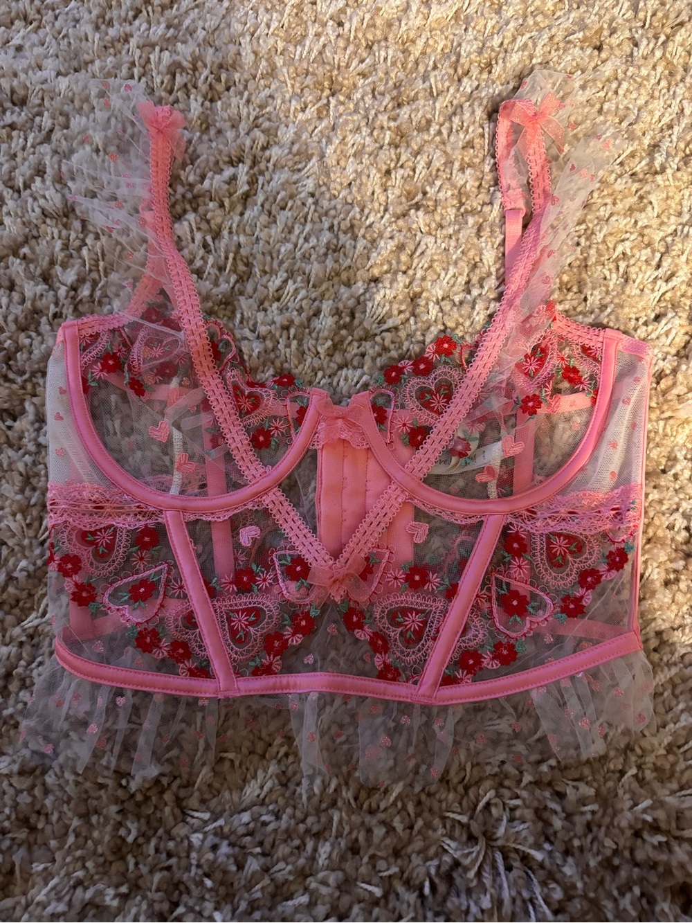 For Love And Lemons Whimsical Garden Longline Bra with Red Floral Embroidery